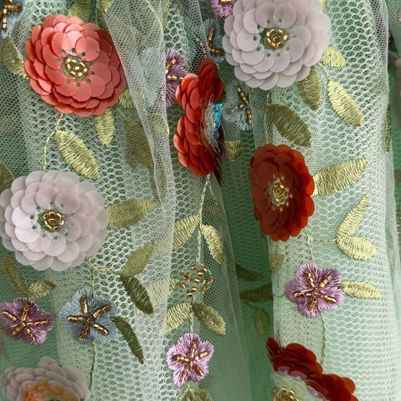 Mint Spaghetti Strap Evening Dress Flowers Appliques A-Line Tulle - Picture 7 of 9